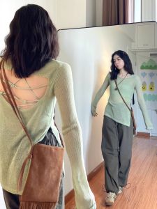 Áo Len Dệt Kim Tay Dài Màu Xanh Lá Cây Phong Cách Retro Gợi Cảm Mùa Hè Áo Khoác Chống Nắng Không Đều Thời Trang Rộng Rãi