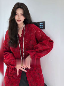DANTING | Elegant Slimming Long Sleeve Red Lace Shirt Women 2026 Spring New Arrival