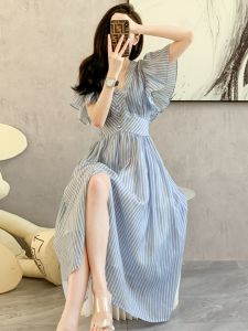 Elegant French Design Tea Break High Slit Long Skirt V-Neck Blue Slimming Stripe Dress Women Summer Ladylike High Waist Chiffon Dress