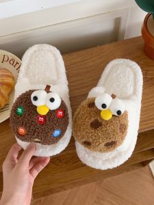 Thin Strip Fall and Winter Student Non Slip Home Funny Fluffy Slippers Creative Big Eye Cookies Word Cotton Slippers Female