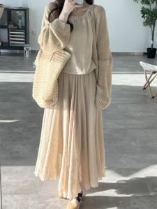 Angelica Spring New Gentle Style Midi Skirt Cotton Linen High Waist Peach Color Atmosphere Long Skirt Women Casual Pleated Pure Color A-Line Skirt