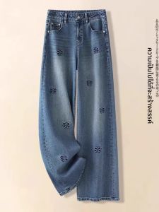 กางเกงยีนส์ทรงตรงเอวสูงสำหรับผู้หญิง กางเกงขายาวทรงสลิมฟิตปักลาย กางเกงขายาวทรงหลวมสไตล์วินเทจ กางเกงขายาวลำลอง