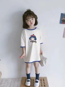 Girls Summer Casual Loose T-shirt Dress Short Sleeve Cute Color Block Mid-Length Top Cotton Sweet Cartoon Print Infant Clothes