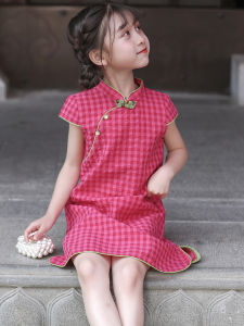 Childrens Summer New Version Cheongsam Plaid Hanfu Girls Style Skirt Small Cheongsam Cotton Polyester Blend Fabric Kids Clothing