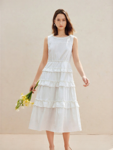 INMAN | 100 Cotton French Ruffle A-Line Dress Sleeveless Summer Womens Wear