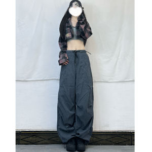 XXBUNI Grey Drawstring Workwear Pants Short Plaid Shirt Womens Dance Set Kpop Style Casual High Waist Long Pants Polyester Cotton Blend