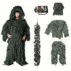 5-in-1 Camouflage Ghillie Suit Outdoor Hunting Suit  Jungle Dry Grass Color Photography Bird Watching Cloth Adult and Kids