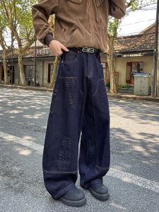 กางเกงยีนส์ทรงหลวมสไตล์อเมริกัน กางเกงขายาวทรงหลวมสไตล์สตรีท ดีไซน์ลายรองเท้า กระเป๋าหลายช่อง กางเกงยีนส์ทรงหลวม
