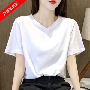 Summer Loose Fit Ice Silk Cotton Half Sleeve Womens T-shirt round Neck Base Shirt Top Large Size Fashion Commute Style