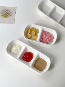 Mooney Minimalist White Ceramic Grid Sauce Dish For Home Saucer Dish Small Dish Butterfly Hot Pot Barbecue Three Grid Seasoning Dish