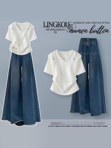NUMEN BUTTON | Bộ Áo Thun và Quần Jeans Giảm Cân Sang Trọng