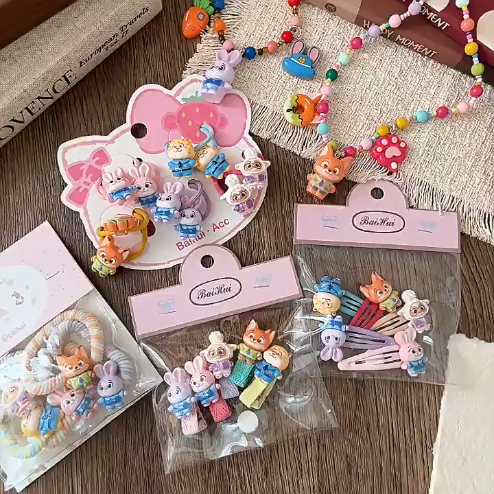 Zootopia Judy Nick Cute Cartoon Resin Childrens Pair Hair Tie Hair Tie Girls All-Inclusive Animal City Press Clip Hair Clip Pendant Necklace