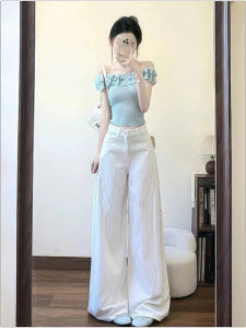 HUOLISI | Blue Off-shoulder Ruffle Short Sleeve Slim Fit Summer Blouse