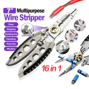【16 in 1】7 inch Multipurpose Wire Stripper for Electrician Wire Cutting Pulling Pressing Winding Screwing Crimping Heavy Duty Wire Stripping Pliers With Cutter