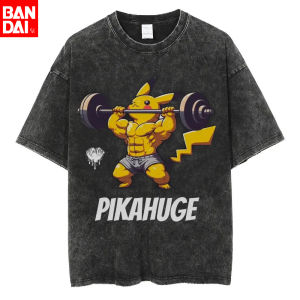Bandai | Pokemon Dugtrio Moleflex Gym Parody T Shirt Men 2026 Summer Vintage Acid Wash Oversized Tee Anime Streetwear