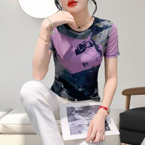 Áo Thun Nữ Tay Ngắn Mùa Hè 2024 Cổ Tròn in Họa Tiết Sơn Mài Trung Hoa Mới Dáng Ôm Vừa Vặn Thoải Mái Thường Ngày