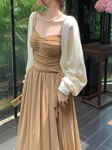 เสื้อคาร์ดิแกนถักสั้นผู้หญิง ชุดเดรสฤดูร้อน ชุดกันแดด แขนยาว คอวี สีพื้น แฟชั่นเกาหลี ทรงหลวม ผ้าฝ้ายผสมโพลีเอสเตอร์