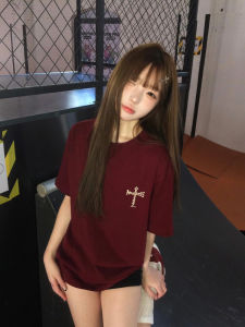 American Casual Cross Letter Cotton Short Sleeve T-Shirt Women Summer Loose High-End Feelings Shoulder Top Comfortable Fit