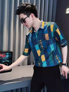 High-End Ice Silk Plaid Floral Shirt Short Sleeve Mens Summer 2025 Trendy Brand Handsome Drapey Feel Shirt Standard Fit Youth Popular Daily Wear