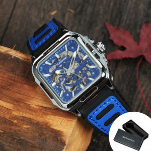 Forsining | Forsining Business Automatic Watch for Men Fashion Square Skeleton Mechanical Watches Casual Rubber Leather Strap Wristwatches