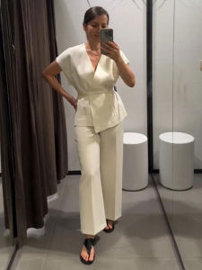 2024 New Woman Solid Suits Lace Up V Neck Tank Top + High Waist Pockets Wild Casual Streetwear Female Wide Leg Long Pant