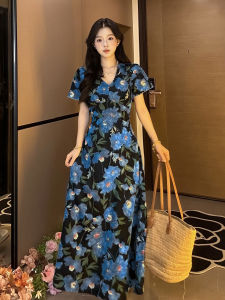 GUANSHU | Đầm In Hoa Cổ V Phong Cách Retro Pháp cho Nữ