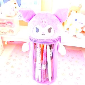 Sanrio Kuromi Melody Pen Holder Kawaii Plush Doll Cinnamoroll Large Capacity Cartoon Transparent Anime Plushie Pencil Case School Stationery Box
