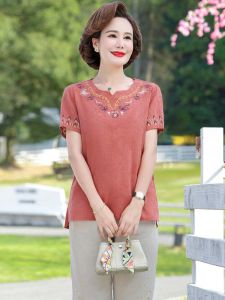 Middle-aged Womens Cotton Linen T-shirt Set