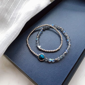 Natural Crystal Grey Moonstone Double Ring Bracelet for Women Pure Silver Fashion Jewelry Gift for Girlfriend Or Best Friend