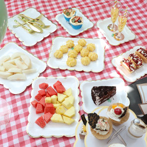 Disposable Service Plate Picnic Tableware Large Rectangular Paper Pallet Bronzing White Full-Year Birthday Arrangement Party Supplies