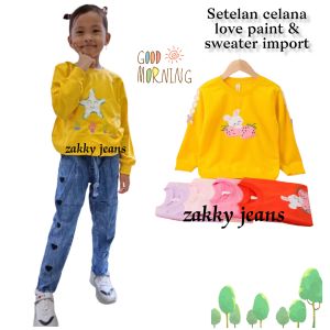 Setelan Anak Perempuan Usia 4-9 Tahun: Kaos Sweater Lengan Panjang & Celana Jeans