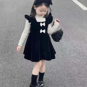 Autumn Winter Velvet Dress Hepburn Style Vest Princess Skirt for Little Girls Korean Version A-Line Skirt Daily Wear