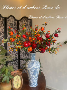 Lucky Wealth Pomegranate Fruit Branch Artificial Flower High Branch Red Fruit Landscape Chinese Style Decoration Floral Art