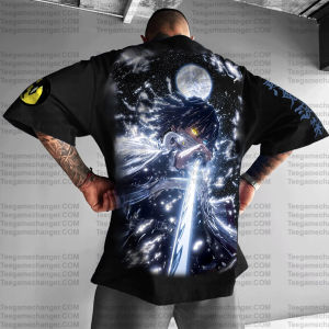 Bandai | Oversized Black Cotton T-Shirt Demon Slayer Tanjiro Back Print Blue Lightning Sword Yellow Eyes Starry Moon Sleeve Logo