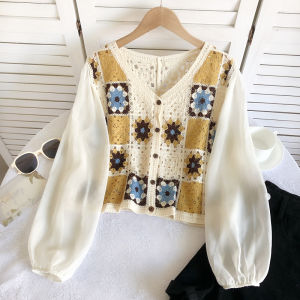 Fashionable All-Matching V-neck Hollow Color-Contrast Check Chiffon Long Sleeve Patchwork Knitting Fake Two Pieces Shirts Top for Women