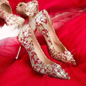 2022 New Red High Heel Wedding Shoes Chinese Style Show Heel Bride Crystal Shoes for Wedding Ceremony And Drinking Wine