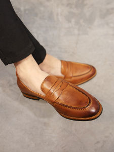 British Loafers Men Leather Handmade Casual Shoes Small round Toe Slip-on Lofter Business Formal Wear Leather Shoes Brown