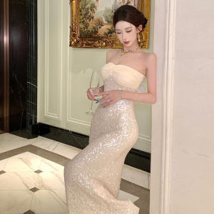 Sequin Splice Strapless Gown Elegant Birthday Party Dress Beautiful Long Evening Gown with Shawl And Brooch High Waist Fish Tail