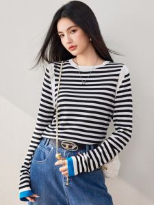 Womens round Neck Long Sleeve Knitted Sweater Fashionable Striped Inner Wear Korean Style Loose Fit Commute Suitable