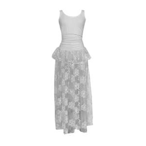 Karrar betsey | Summer New White Lace High Waist A-Line Dress Set Womens Sleeveless Gown With Sash Floral Print Long Skirt Sweet Style