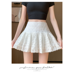 Váy Ngắn Xếp Ly Ren Cạp Cao Cho Nữ Mùa Hè 2025 Váy Chữ a Dáng Rộng Màu Trơn Váy Công Sở Đơn Giản