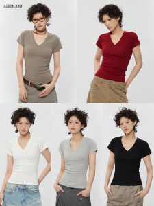 Airhood Red Summer Slim Fit Short Sleeve T-Shirt Low V-neck Shoulder Width Regular Cotton Blend Womens Fashion Top