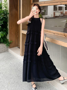 French Beautiful Black Sleeveless Neck Hanging Dress Women Super Fire Good Looking High End Small Beach Holiday Cake Long Dress
