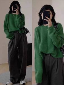 Green Bear Velvet round Neck Pullover Sweater Womens Autumn Winter Loose Lazy Style Soft Short Knittedwear Outerwear
