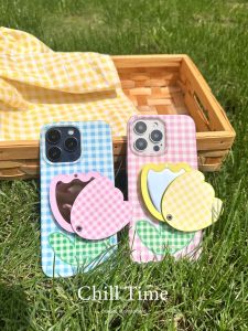 ChillTime Original Spring Tulip Sweet Girl Heart Frosted Plaid Mobile Phone Case with Airbag Mirror Bracket for iPhone 15 pro Max Apple 13/14
