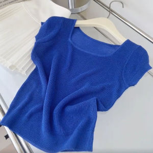 Klein Blue Silk Square Collar Short Sleeve Knitted Shirt Womens Summer Thin Top Hangzhou Seasonal High End Fashion