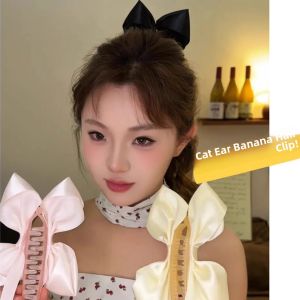 Cute Cat Ear Bow Tie Banana Clip Womens New 2025 Fluffy High Hairline Shark Clip Stylish Hair Accessories Korean Style
