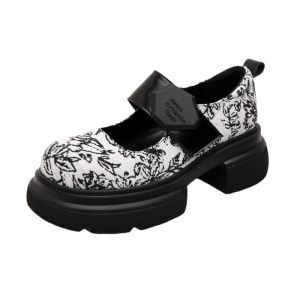 New Chinese Style Thick Heel Loafers Womens Spring Summer New Retro Embroidered Print Mary Janes Fashion Single Shoes