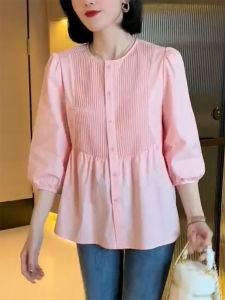 QINGNAER | Elegant Stylish Large Size Pink Stripe Buttoned Puff Sleeve Shirt