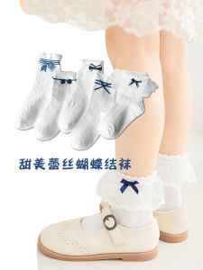 ถุงเท้าผ้าฝ้ายลายจุดสำหรับเด็กผู้หญิง ฤดูใบไม้ผลิและฤดูใบไม้ร่วง ถุงเท้าผ้าฝ้ายแท้สำหรับเด็ก ถุงเท้าผูกโบว์ผีเสื้อสีขาว ถุงเท้าเด็กสไตล์เกาหลี